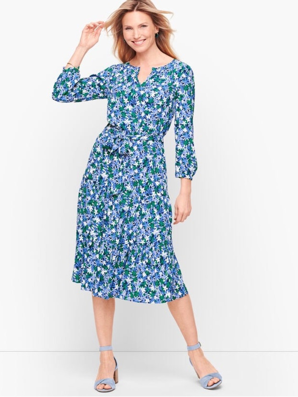 Talbots Floral Midi Dress Size 10 Blue Tie Waist 3/4 Sleeve Split Neck NWT